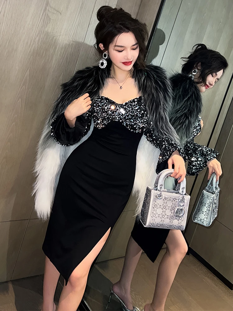 elegance漆黒black sexy long dress★★★ Sexy V-Neck Corseted High-Slit One-Shoulder Strappy Shining