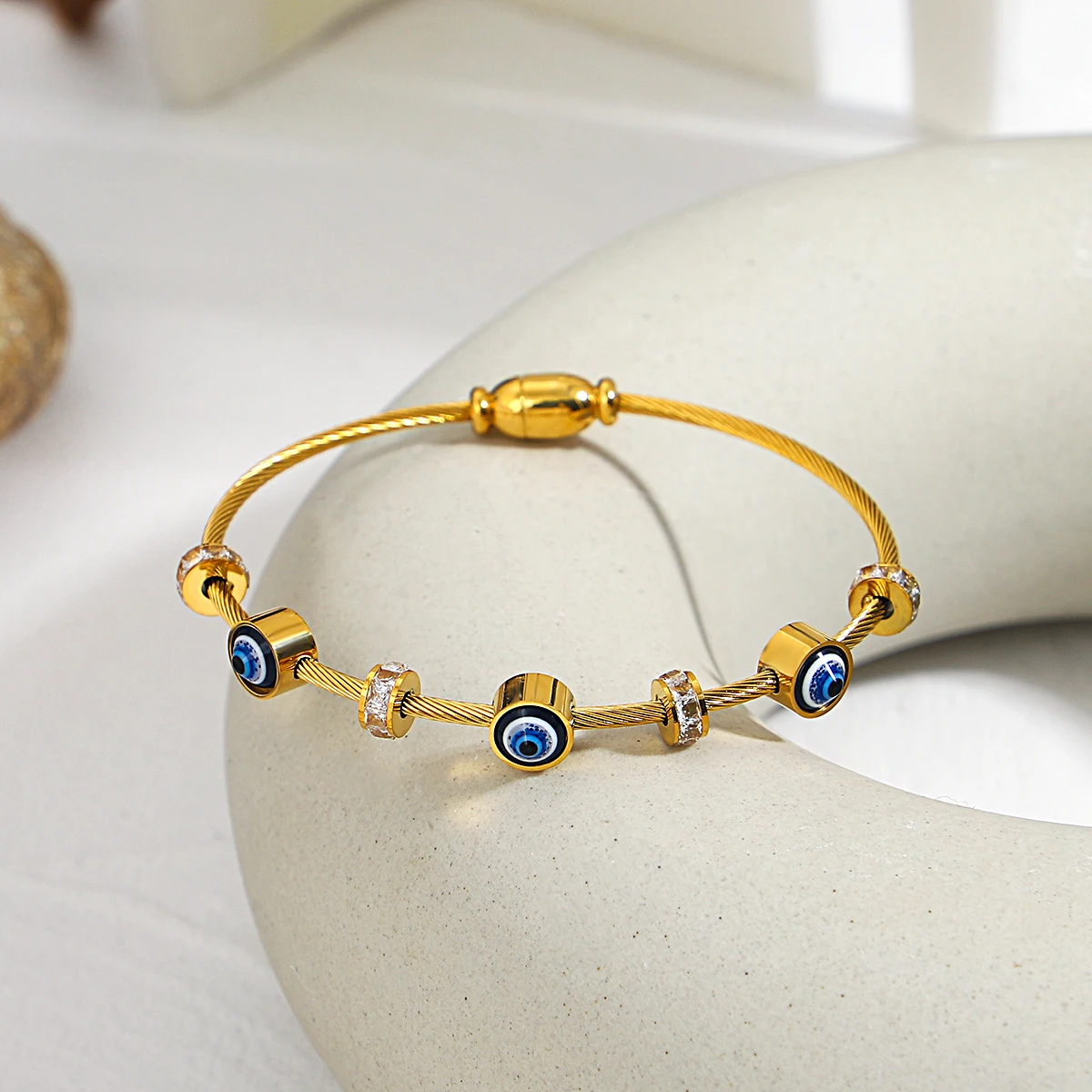 Lucky Dvil's Eye Bracelet Stainless Steel Blue Evil Eye Golden Thin Cuff Bangle with Rhinestones For Men Women Fashion Jewelry 6