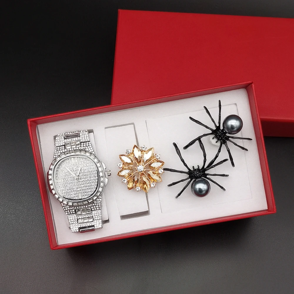 Fashion Luxury Watch Crystal Quartz Female Watch Steel Dress Watch  Zegarek Damski with Women Crystal Big Flower Ring Earrings