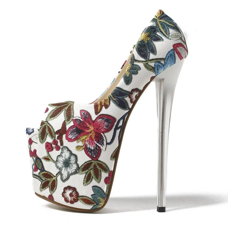 

New Super 19cm Peep Toe Single Shoes Floral Print High Heels Women Pumps Platform High-heeled Sexy Large Size Women's Shoes