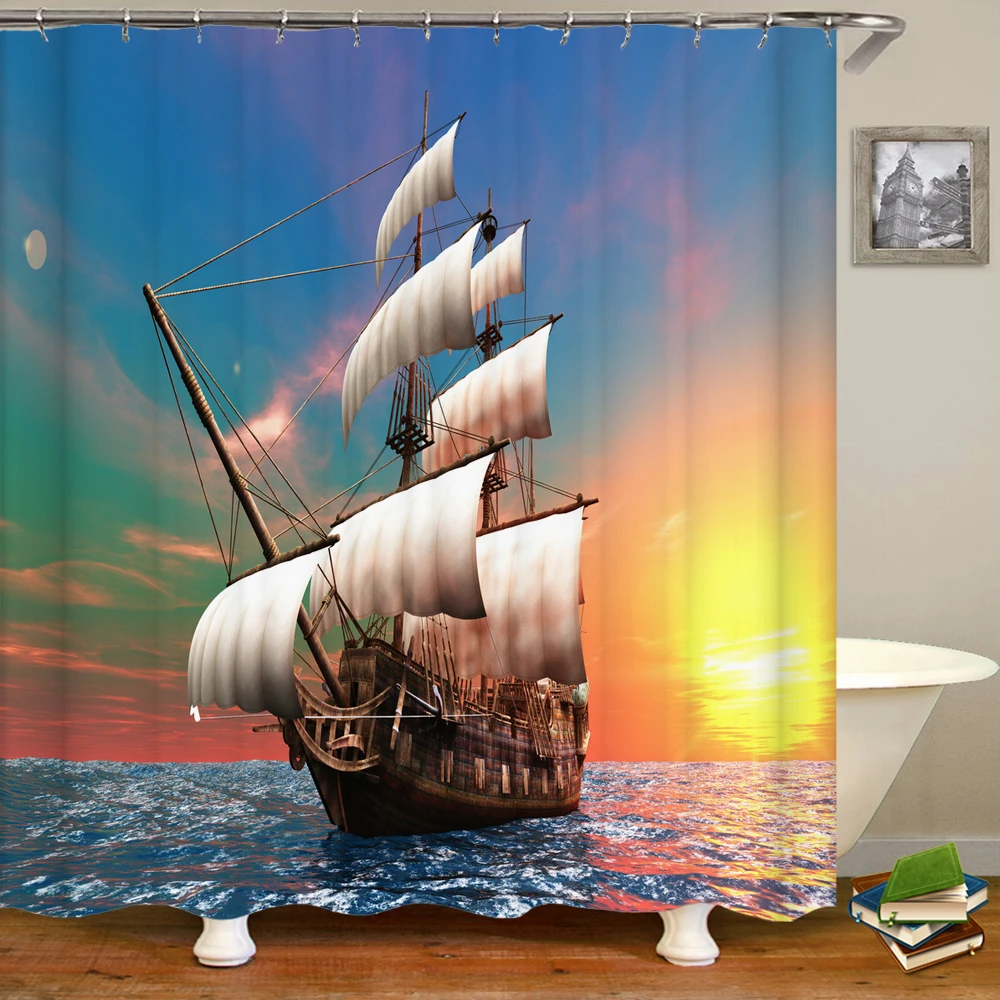 

Beach Scenic ViewSea view shower curtain Boat Lakeshore Fabric bathroom Decoration Beach scenery fabric bathroom decoration