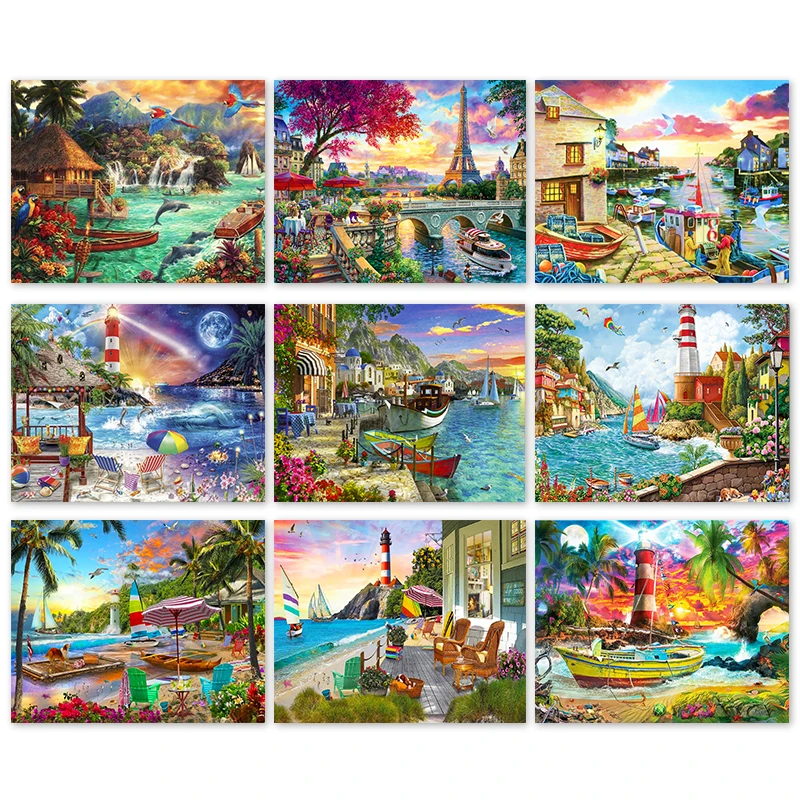 

5D Diy Diamond Painting Kits Seaside Scenery Diamond Embroidery Sunset Landscape Full Diamond Art Wall Living Room Bedroom Decor