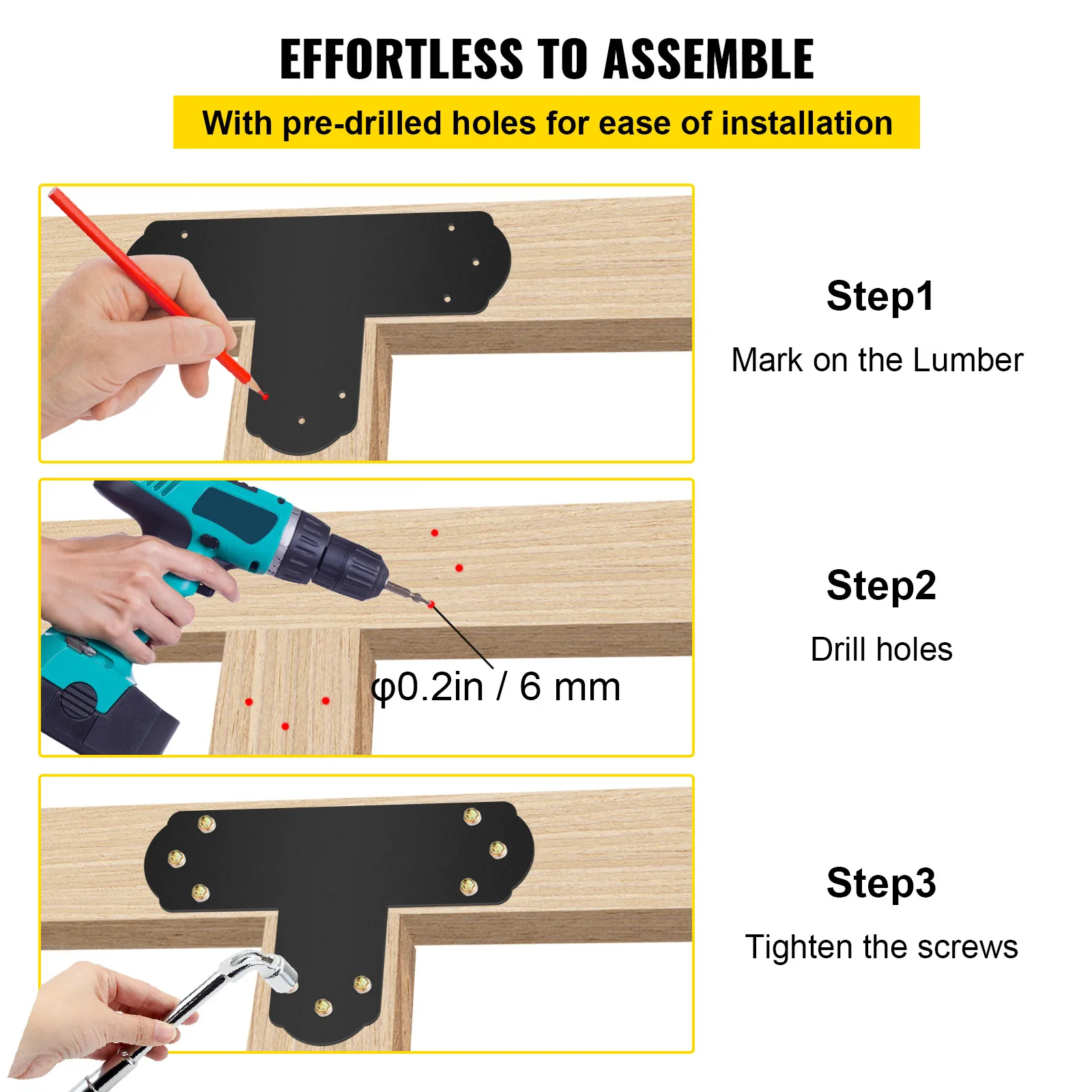 VEVOR T Bracket 8PC Powder-coated Mending Plate 16 Gauge Steel Tie Flat Connector Post to Beam Bracket for Repair Wood Furniture