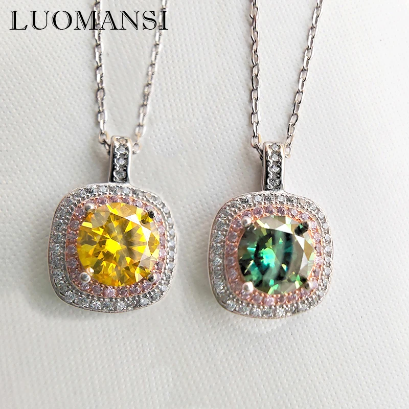 

Luomansi Luxury S925 Silver Moissanite Necklace 1 Carat Yellow Green Blue Pink Pass Diamond Test Jewelry Wedding Party Gift