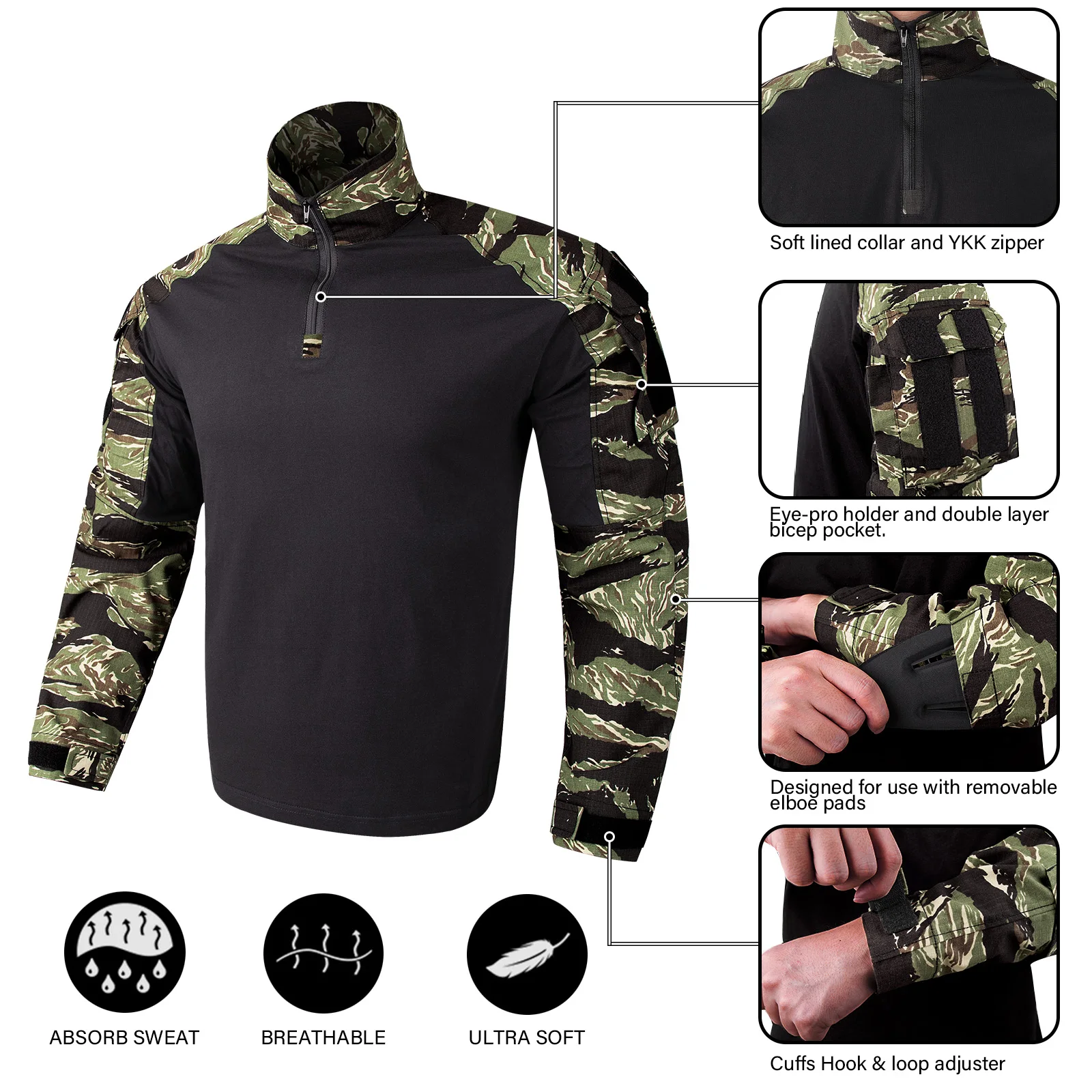 KRYDEX Camouflage G3 Combat Uniform Clothing Suit Hunting CP Style Tactical BDU Shirt & Pants Kit Tiger Stripe Camo