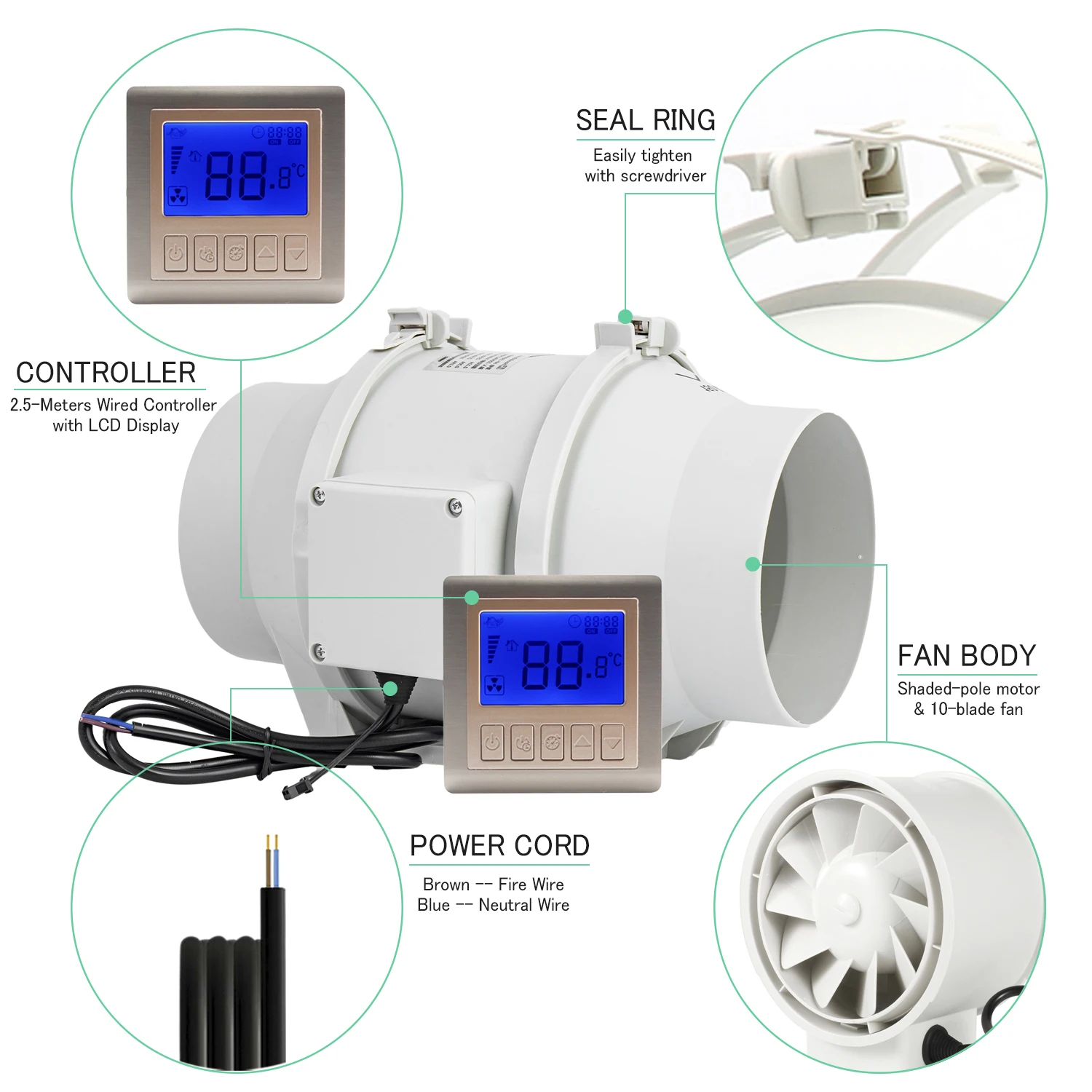 

Hon&Guan 6Inch 220V Silent Inline Duct Fan with Smart Controller Timer Air Extractor for Kitchen Hood Ventilation Exhaust