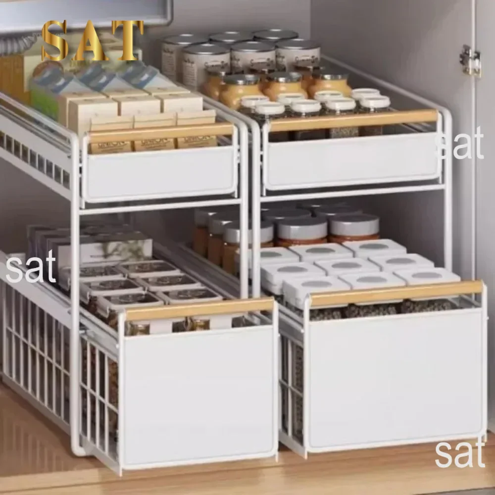 Description Picture 5 of itemUnder Sink Organizer Metal Kitchen Pull-Out Layered Racks 2-Tier Basket Drawer Cabinets For Bathroom Sink Storage Shelf Cabinet