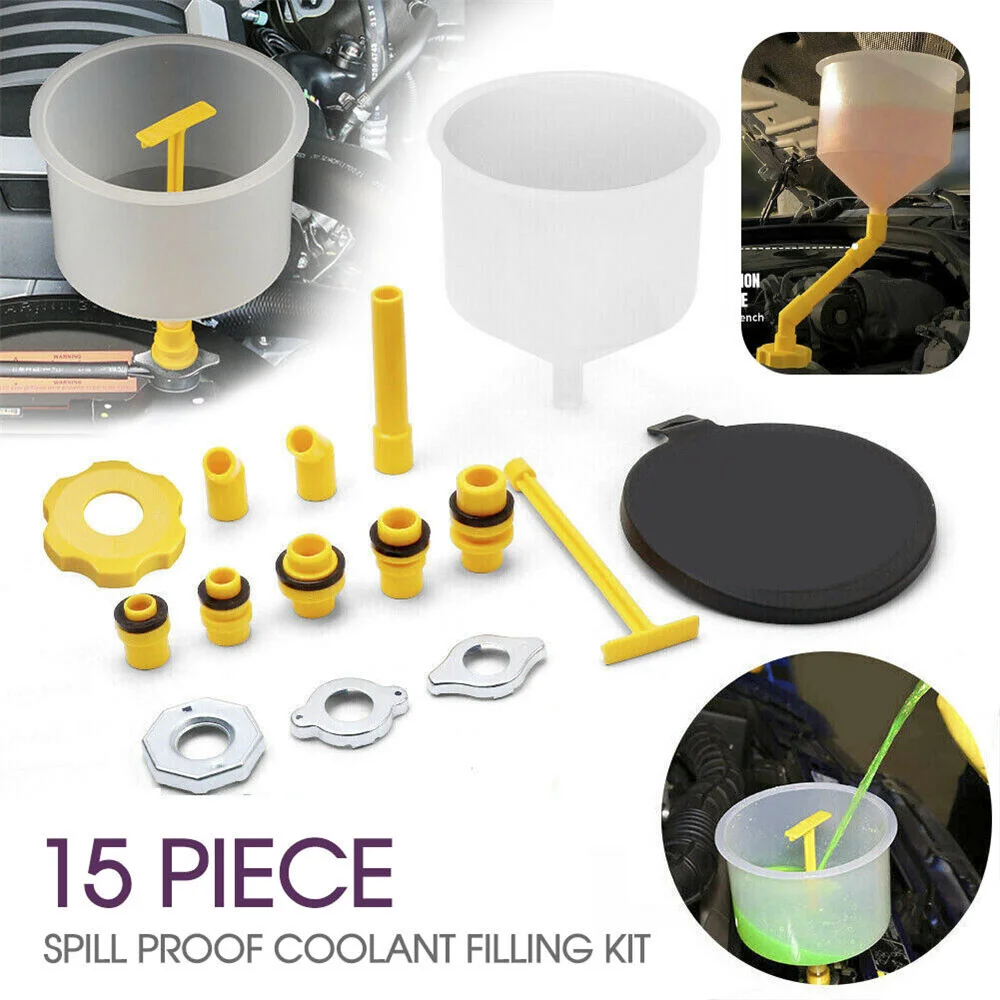 15-Piece Spill-Proof Coolant Filling Funnel Kit – Universal Radiator Cooling System Fill Tool Set