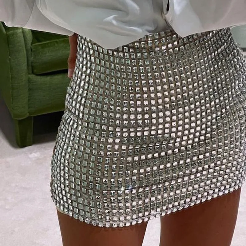 

2022 Fashion Mini Skirt Women Spring New Solid Color Silver Sequin Stitching Casual Mesh Slim Bodycon Sexy Club Outfits