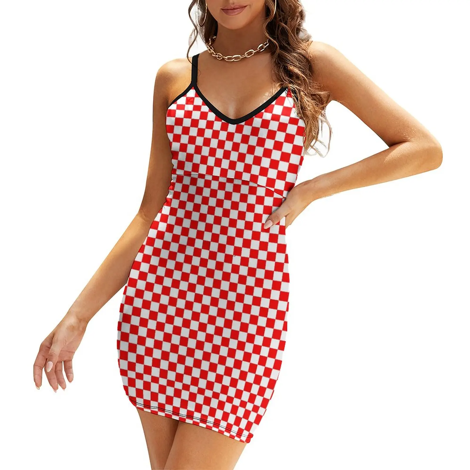 

Sexy Woman's Gown Dresses Red And White Checkered Checker Board Pattern Min Women's Sling Dress Top Quality Clubs Humor Graph