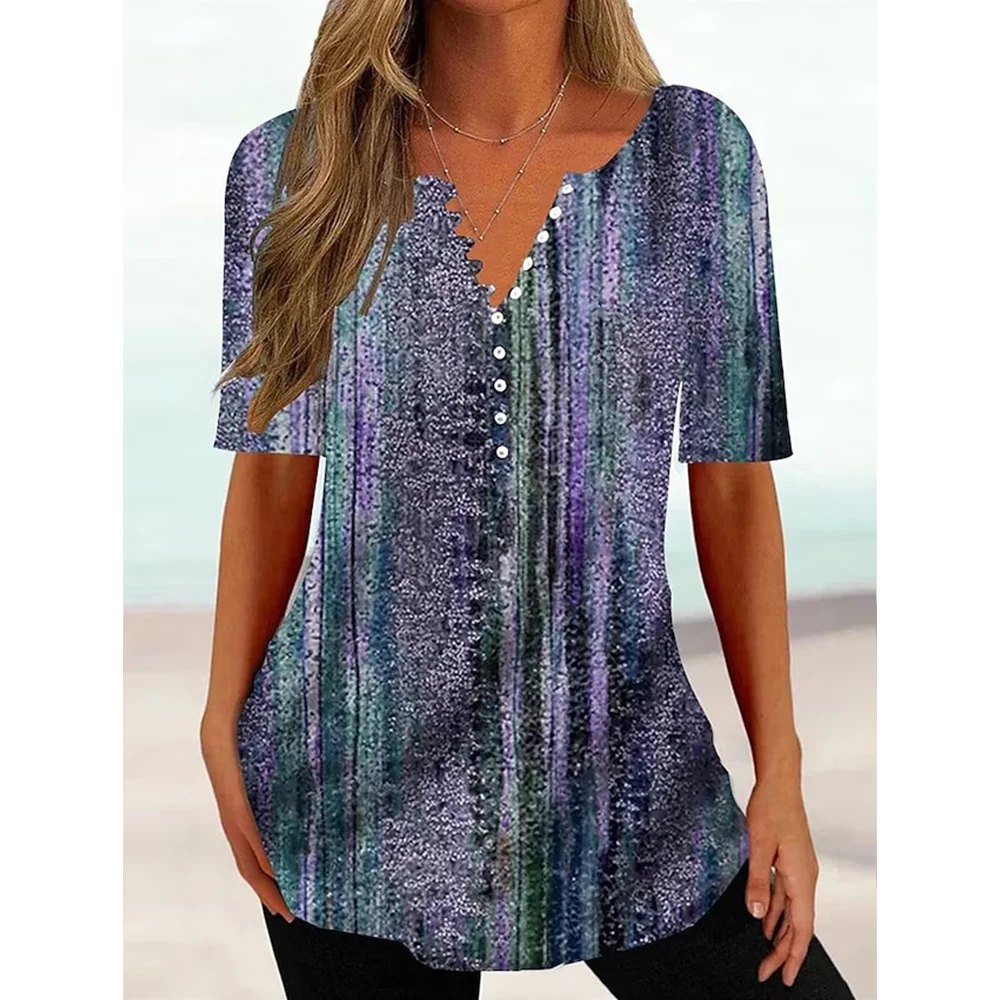 

Женская футболка с V-образным вырезом и пуговицами, летний Свободный Повседневный Топ с коротким рукавом, уличная трендовая одежда, модная футболка Y2k с принтом