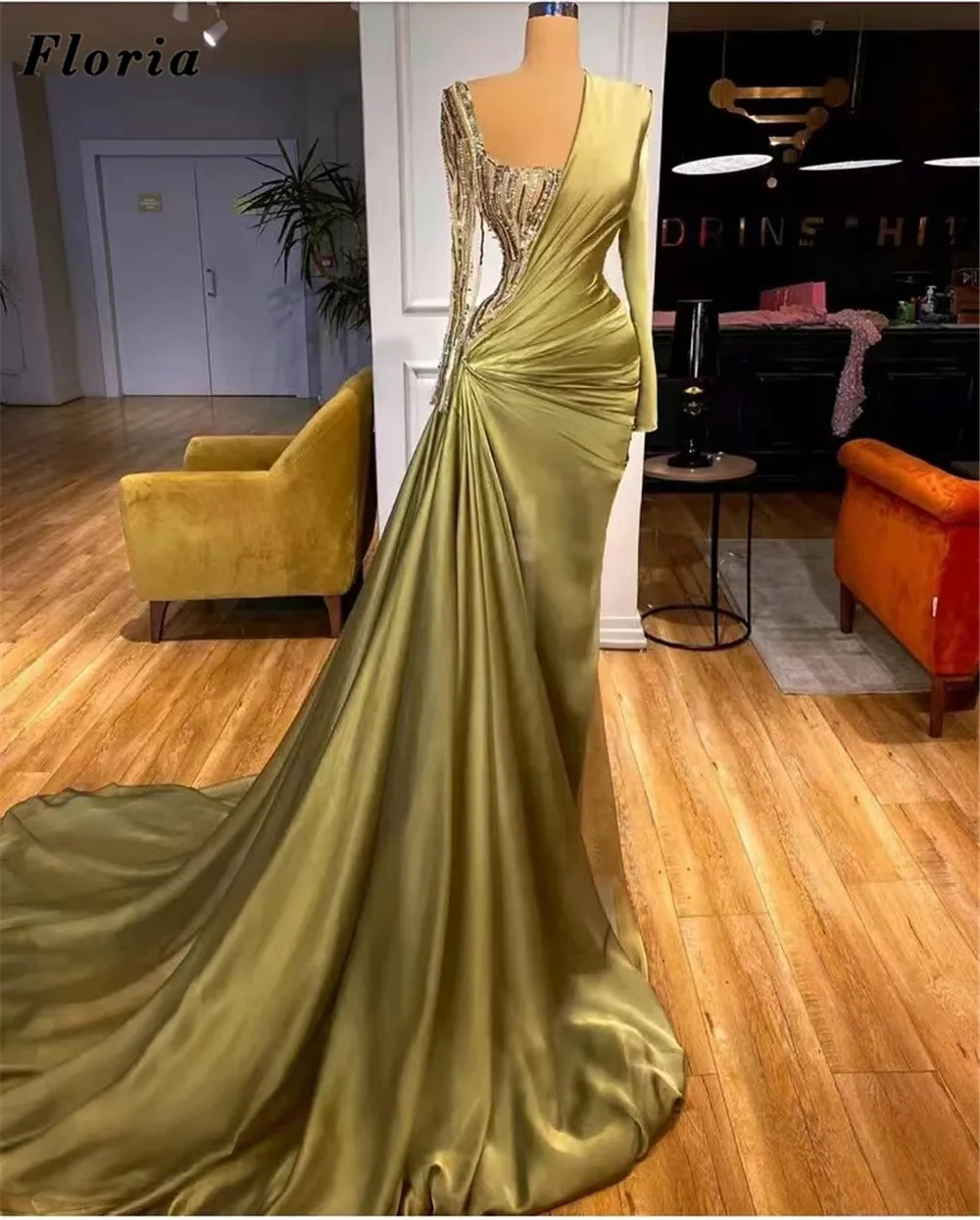 

Floria Muslim Long Sleeves Prom Dresses Vestidos Plus Size 2022 Formal Mermaid Evening Dress Customized Dubai Satin Party Gowns