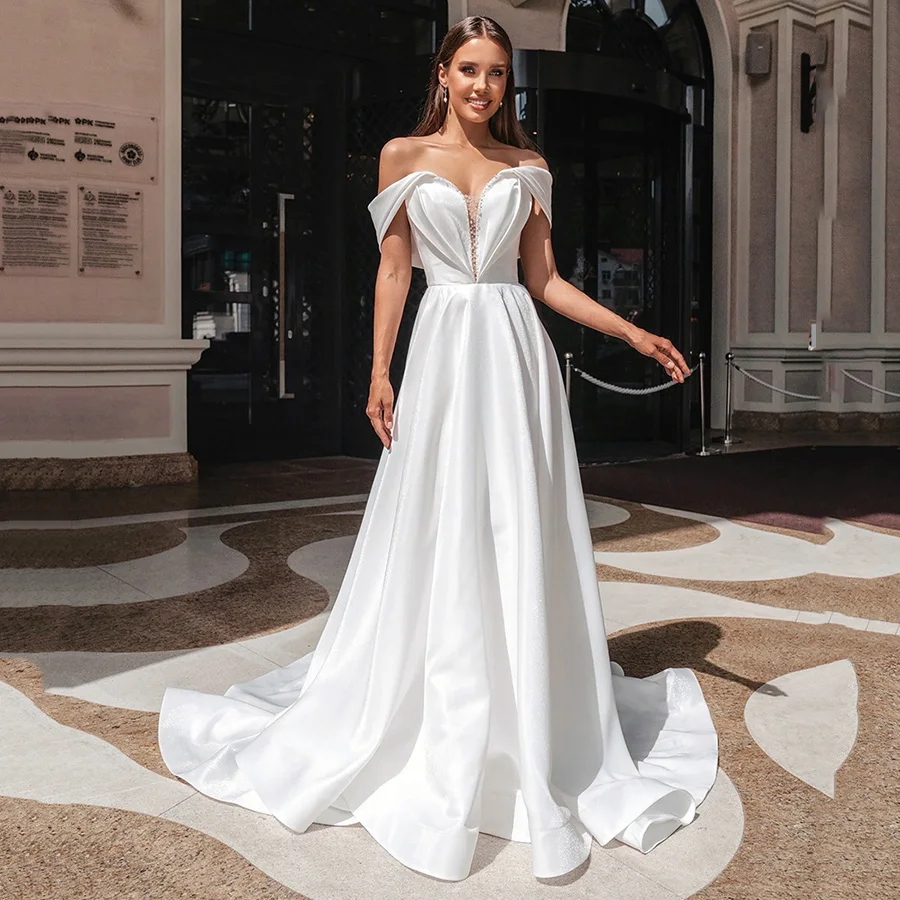 

Off The Shoulder Satin Temperament Wedding Dresses Sweetheart Neck Backless Bride Gown Sexy Court Train Свадебное платье