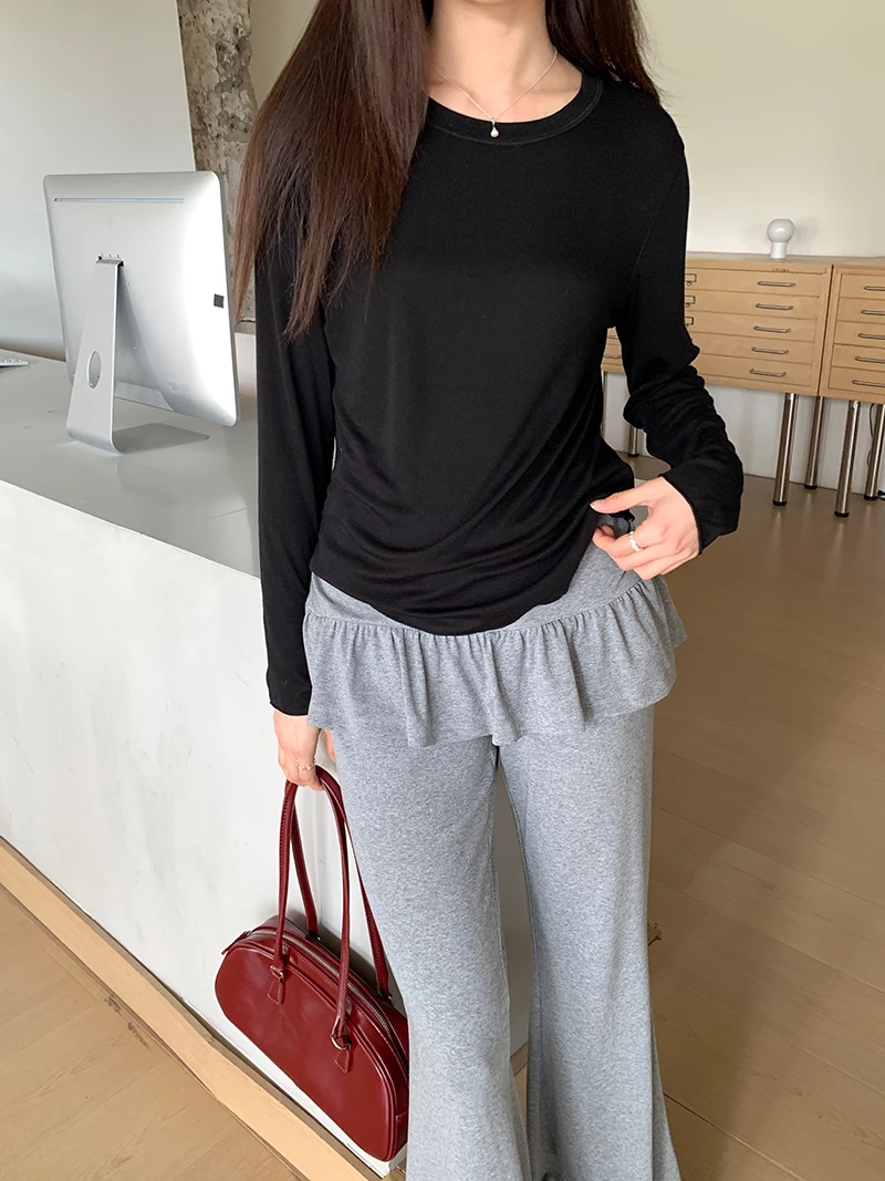 Spring women's casual solid color round neck long sleeved T-shirt 6