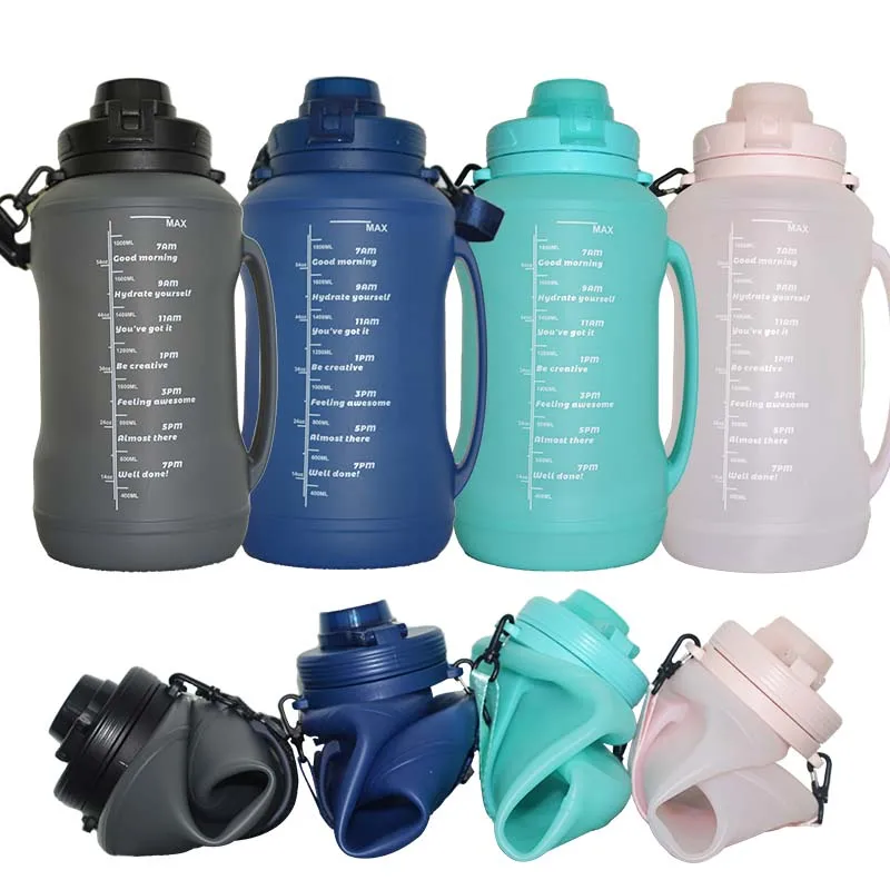 Taza de agua plegable para deportes al aire libre, botella de agua con  pajita, portátil, de silicona, para senderismo y viajes, 2.0L - AliExpress