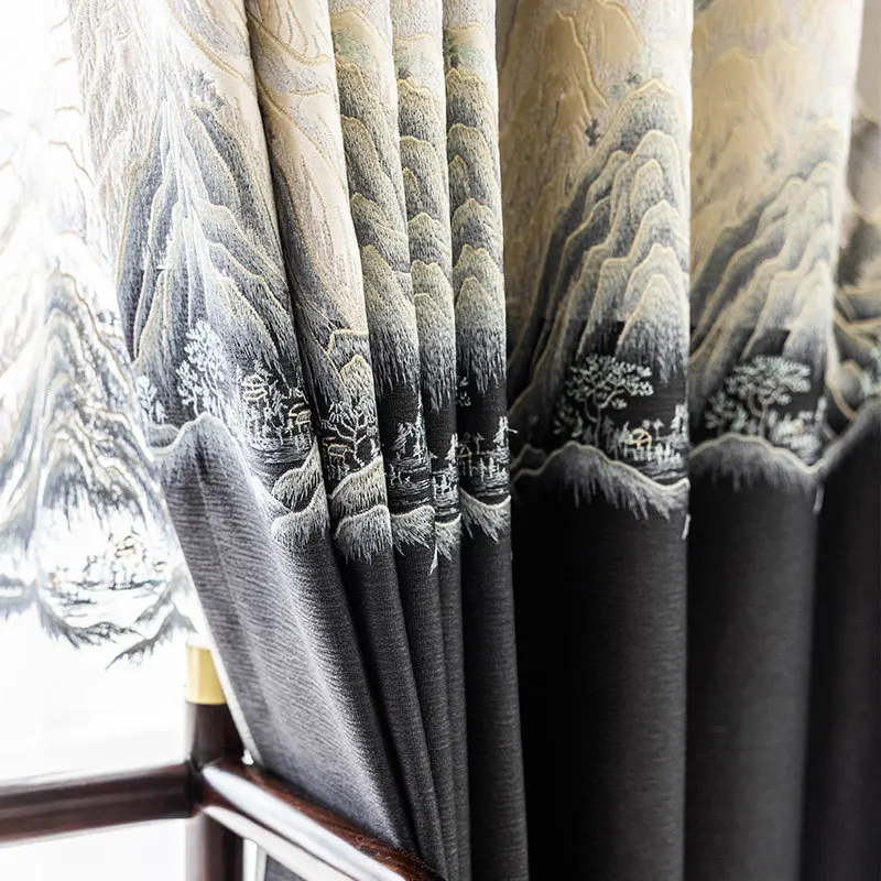 Landscape Painting Curtains for Living Room Bedroom Gauze Chinese Style High Shading  High Class Luxury Elegant Dining Room 