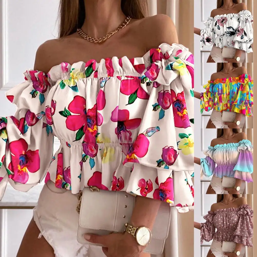 

Women Blouse Flare Sleeve Shirt Colorful Multi-layer Top Elegant Off Shoulder Flounce Shirt Printed Pleated Ladies Ruffles Top