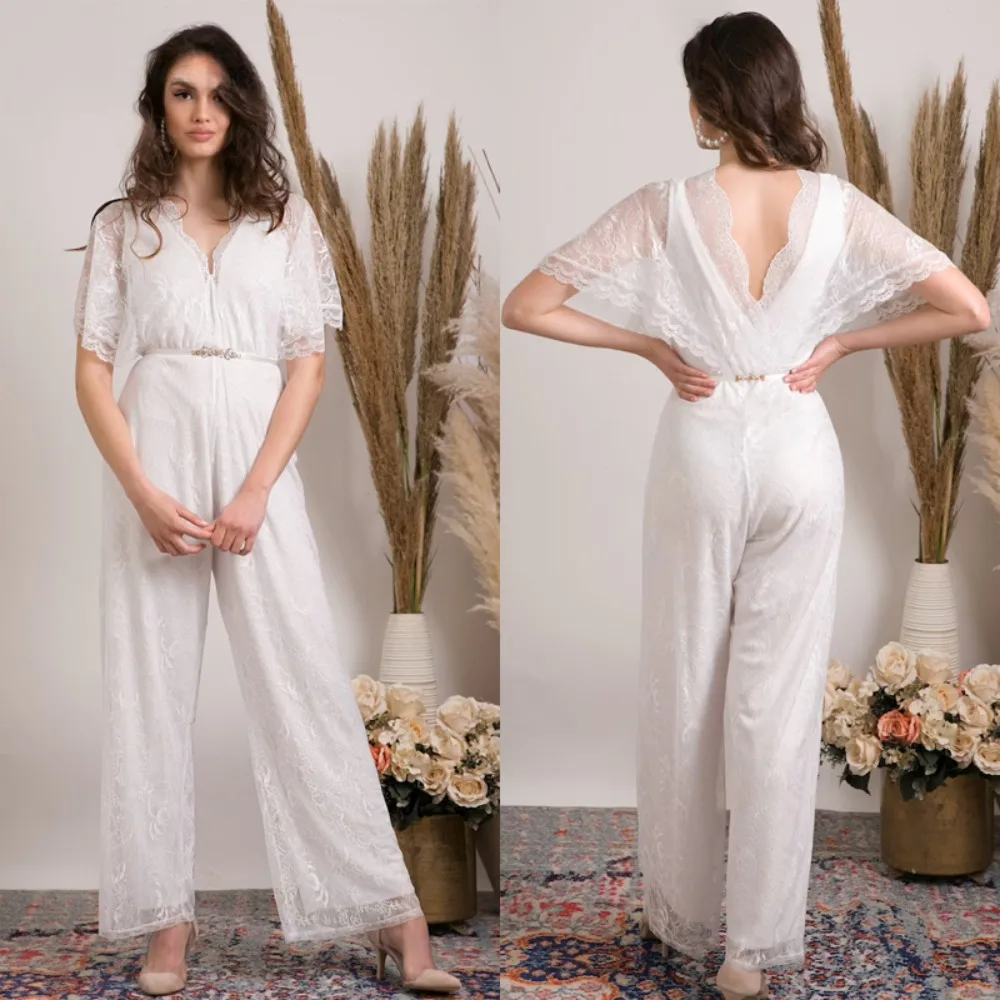 

Boho V-neck Wedding Jumpsuit Half Batwing Sleeve Backless Ankle-Length Wedding Pants Bridal Gown Vestido De Novia