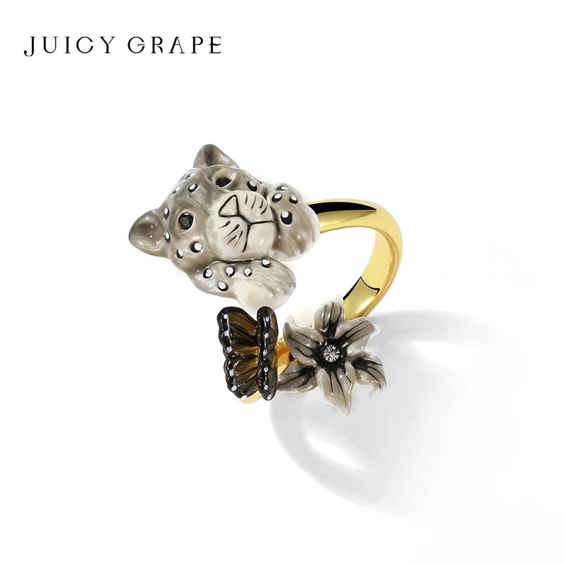 

Juicy Grape 18KGold Plated Enameled Snow Leopard Ring Animal Adjustable Ring for Women Men Party jewelry Christmas Birthday Gift
