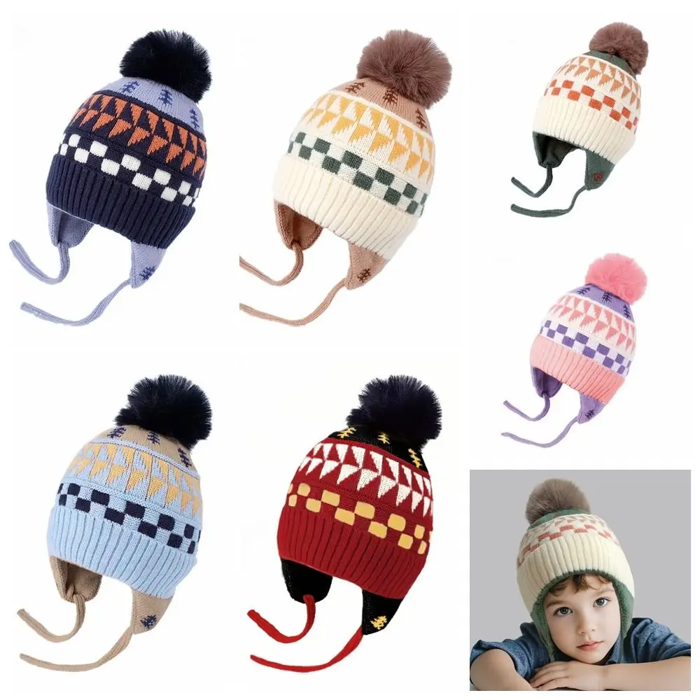 Fashion Jacquard Baby Knitted Hat Hairball Soft Children Beanies Cap Warm Ear Protection Earmuffs Cap Girls