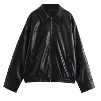 HXAO سترات نسائية مقصوصة من الجلد الصناعي سترة نسائية للخريف بأكمام طويلة سترات منفوخة سوداء موضة سترة ديمي الموسم 3