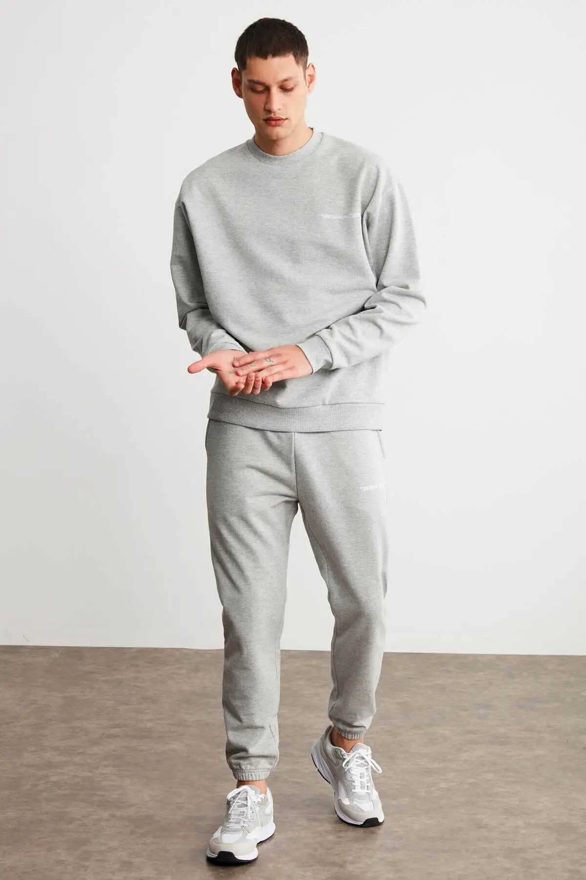 Men's Grimelange Cotton Embroidery Detailed Basic Comfort Fit Crew Neck Elastic Elastic Tracksuit Set