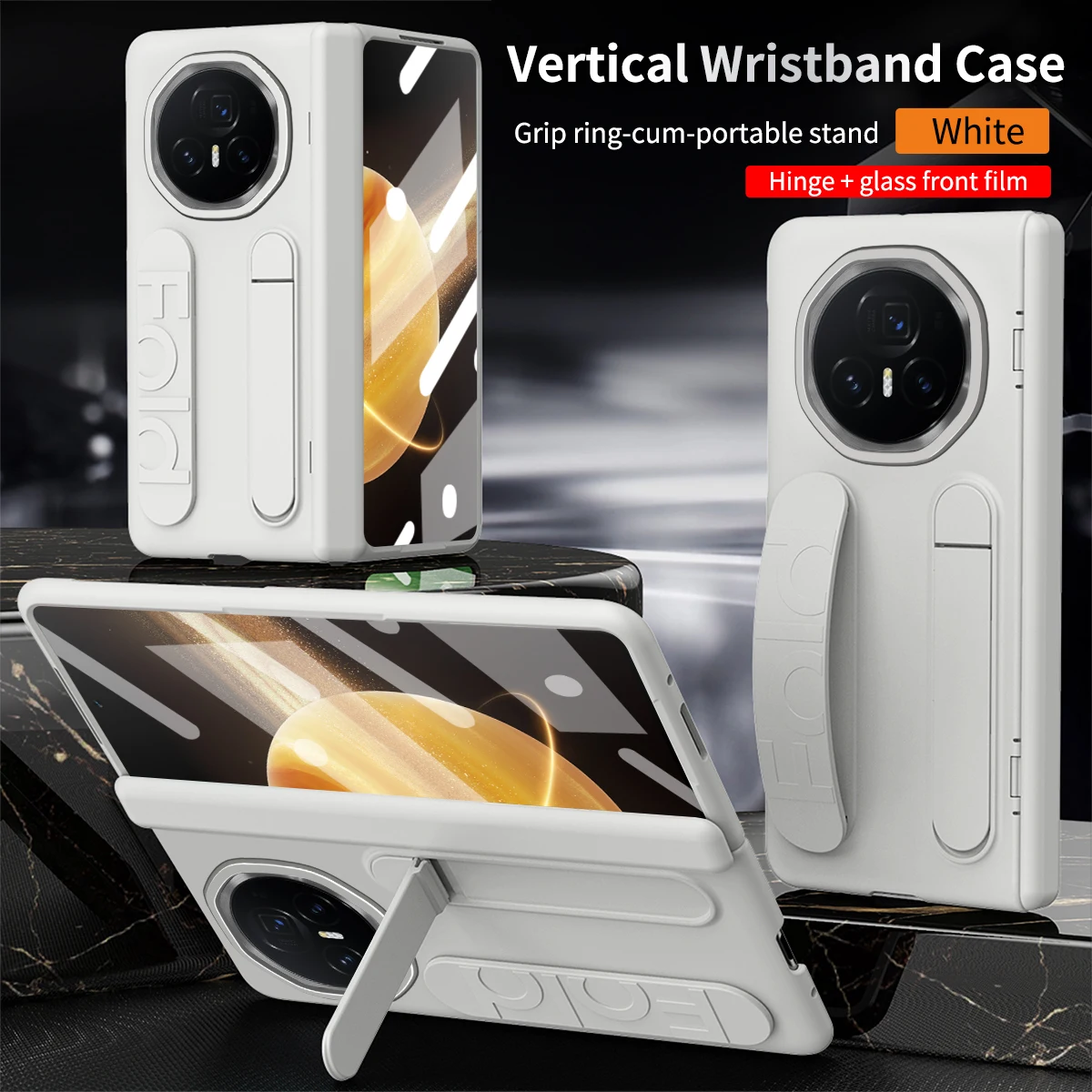 For Honor Magic V3 Silicone Fabric 3-in-1 Protective Phone Case with Wristband and Stand