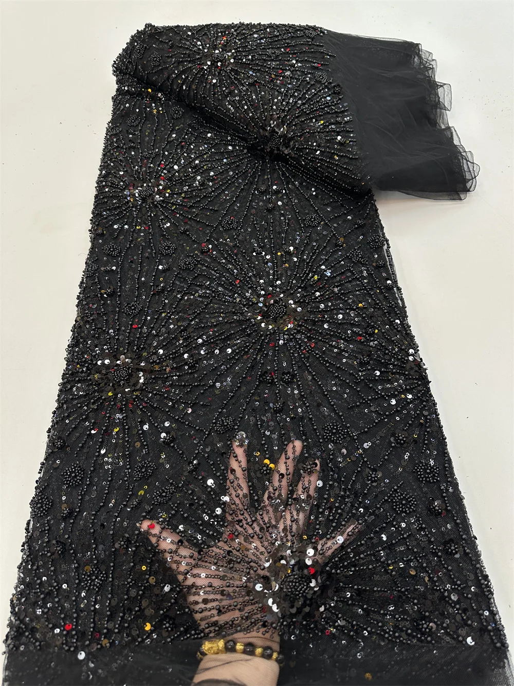 

Luxury African Heavy Beaded 2023 High Quality Nigerian Sequins With Pearl Lace French Tulle Fabric For Party Dress Sew RF75FG