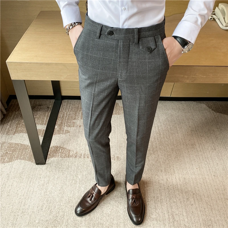 2023 New Fashion High Quality Men Suit Pants Straight Spring Autumn Long Male Plaid Classic Business Casual Trousers Full Length
