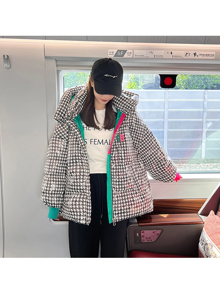 

Warm Winter Coat Women Clothes White Duck Down Parkas Thick Warm Loose New Short Korean Outwear Black White Plaid Puffer Jacket