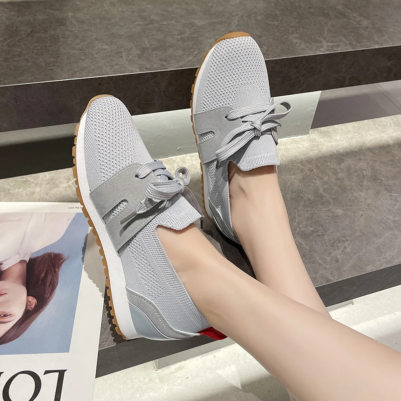 Brown Knit Breathable Sneakers Shoes Women Soft Sole Platform Flats Woman Plus Size 43 Non Slip Casual Shoes Zapatos De Mujer