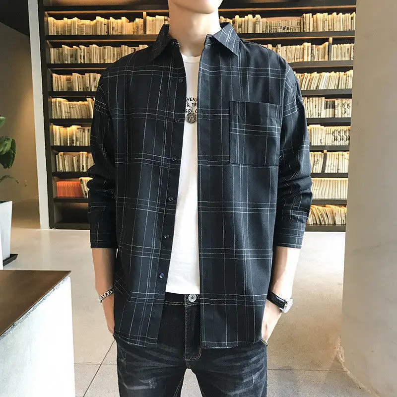 Fashion Lapel Button Spliced Pockets Lattice Shirts Men's Clothing 2022 Autumn New Oversized Casual Tops All-match Korean Shirt