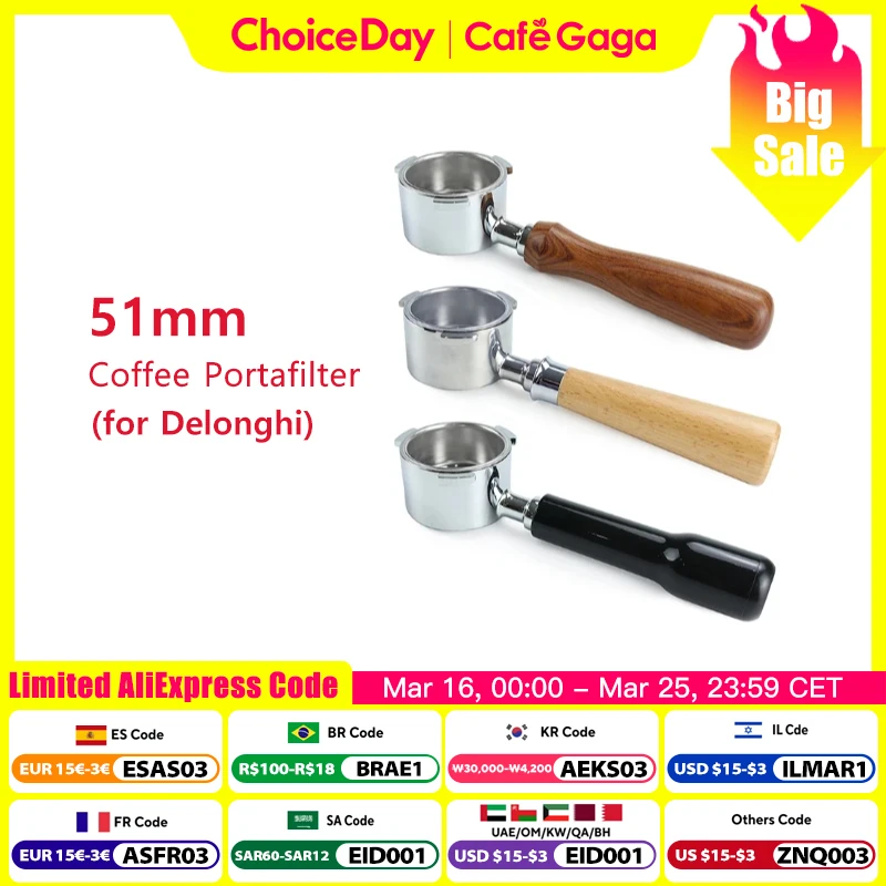Supporto Per Filtro Senza Fondo Da 51 Mm Con Manico In Legno E Filtro A Disco Per DeLonghi EC680/EC685