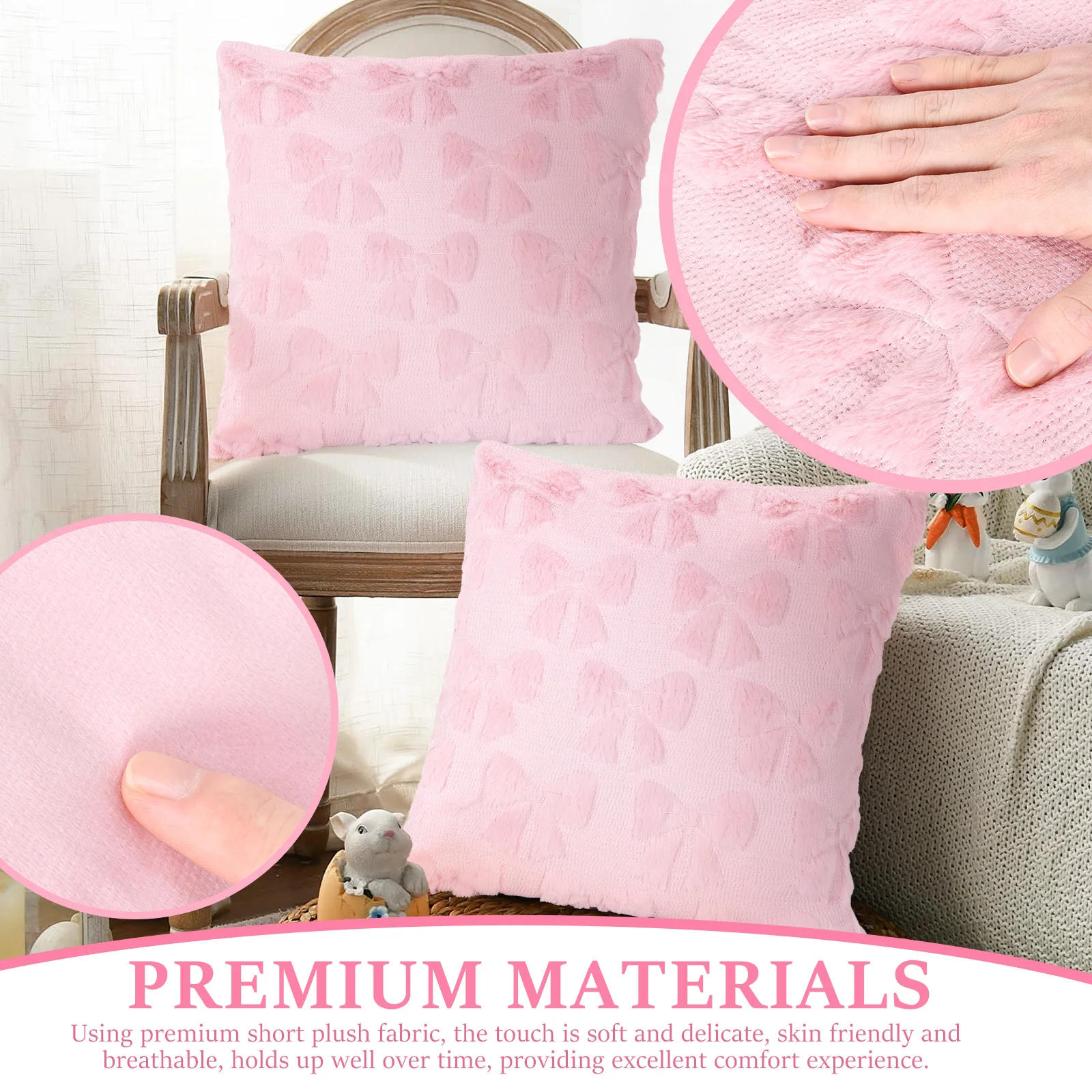 4Pcs Bow Throw Pillow Cover Plush Bowknot Square Pillow Cover 17.7 inch Sofa Pillowcase Home Decoration Accessories White/Pink