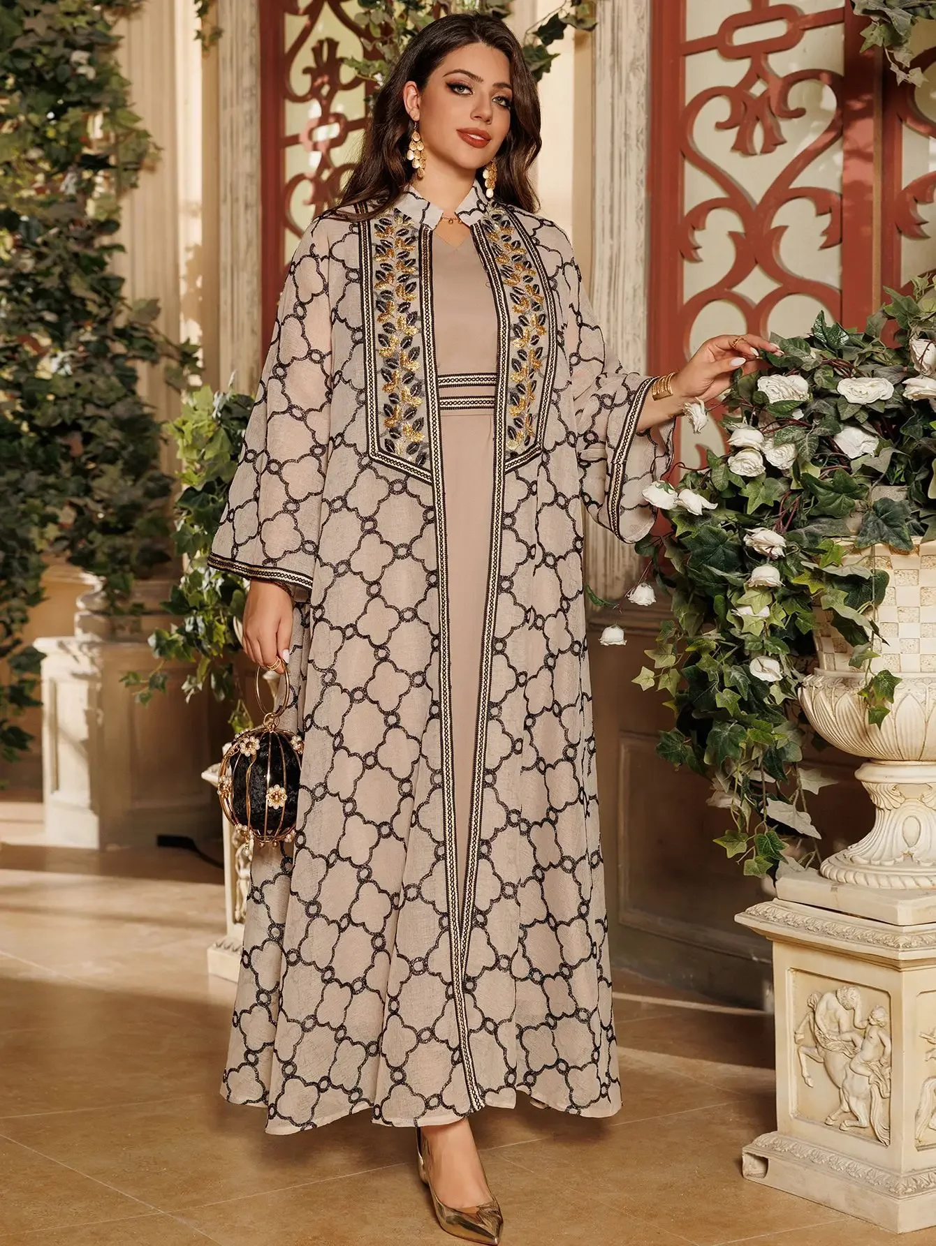 Abaya Dress Eid 2 Piece Set for Women Muslim Embroidery Jacket Long Cloak Abayas Kaftan Vestidos