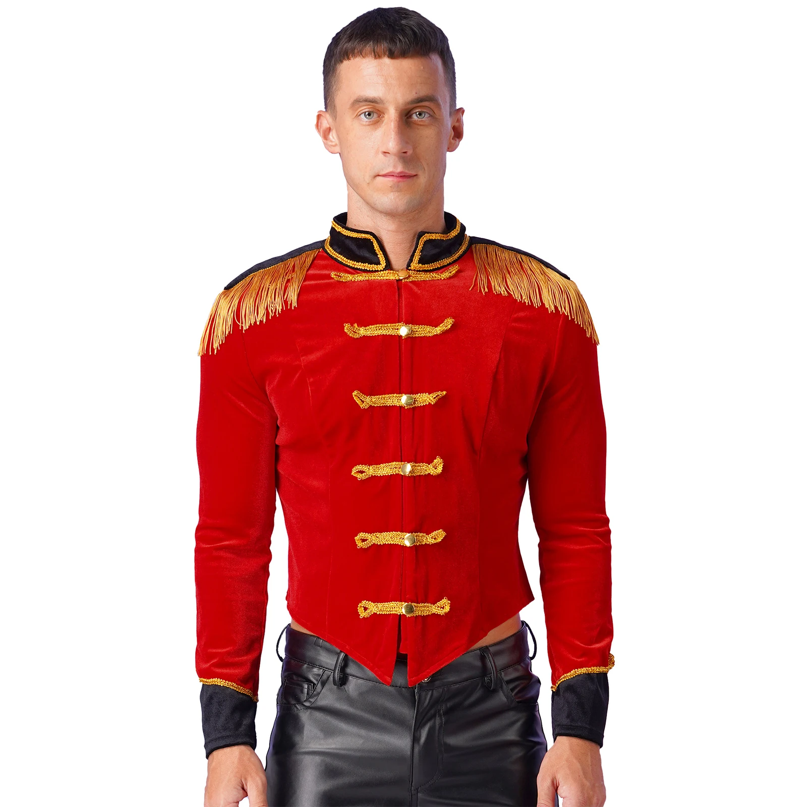 

Mens Circus Ringmaster Costume Uniform Halloween Showman Cosplay Costumes Stand Collar Fringed Shoulder Board Velvet Jacket Coat