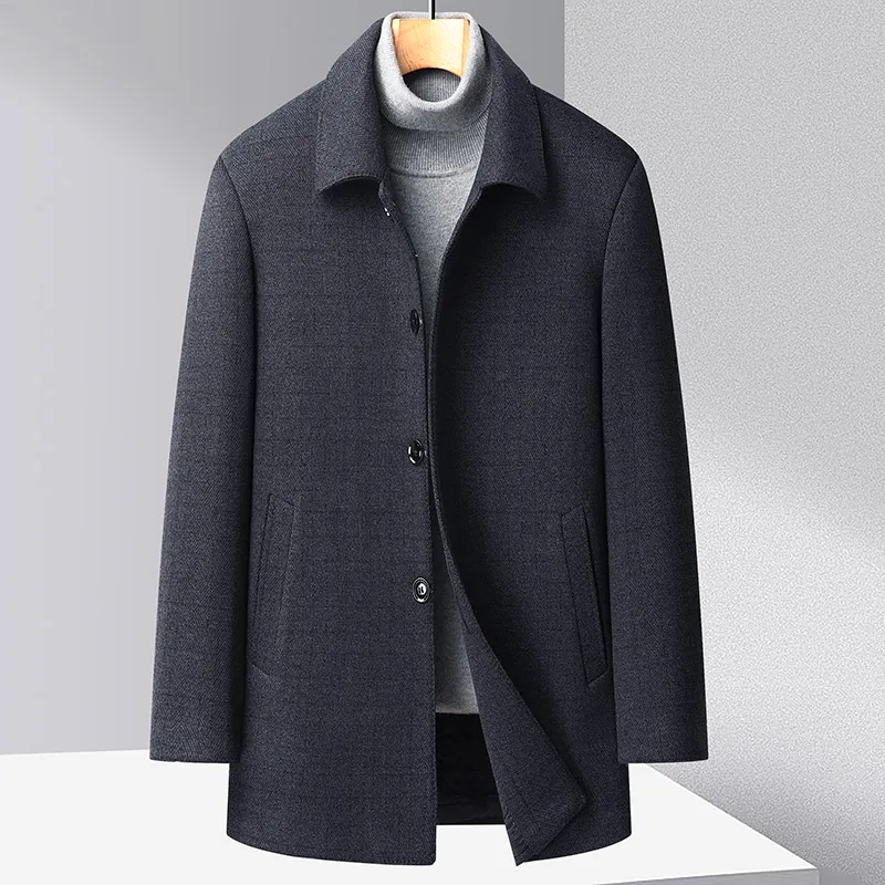 2023 Winter Men Thick Quilted Wool Overcoat Navy Blue Grey Turn Down Collar Single Breasted Sheep Woolen Tweed Coat Warm Outfits