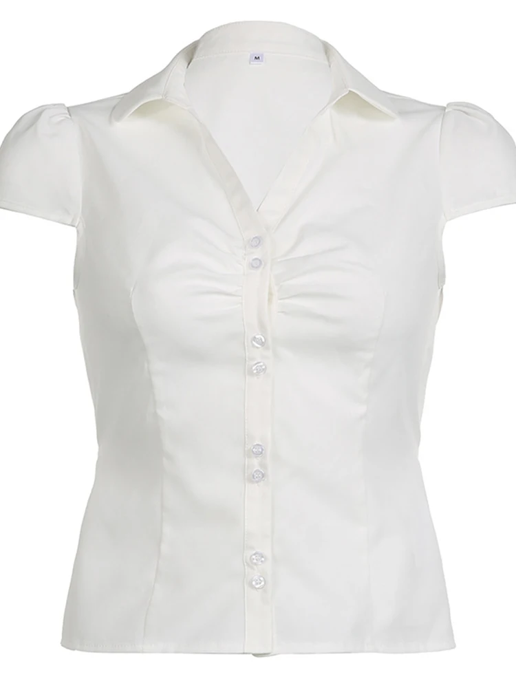 White Tie Up T Shirt y2k Women Short Sleeve Turn Down Collar Button Crop Top Vintage Harajuku Korean Tee Summer Casual 5