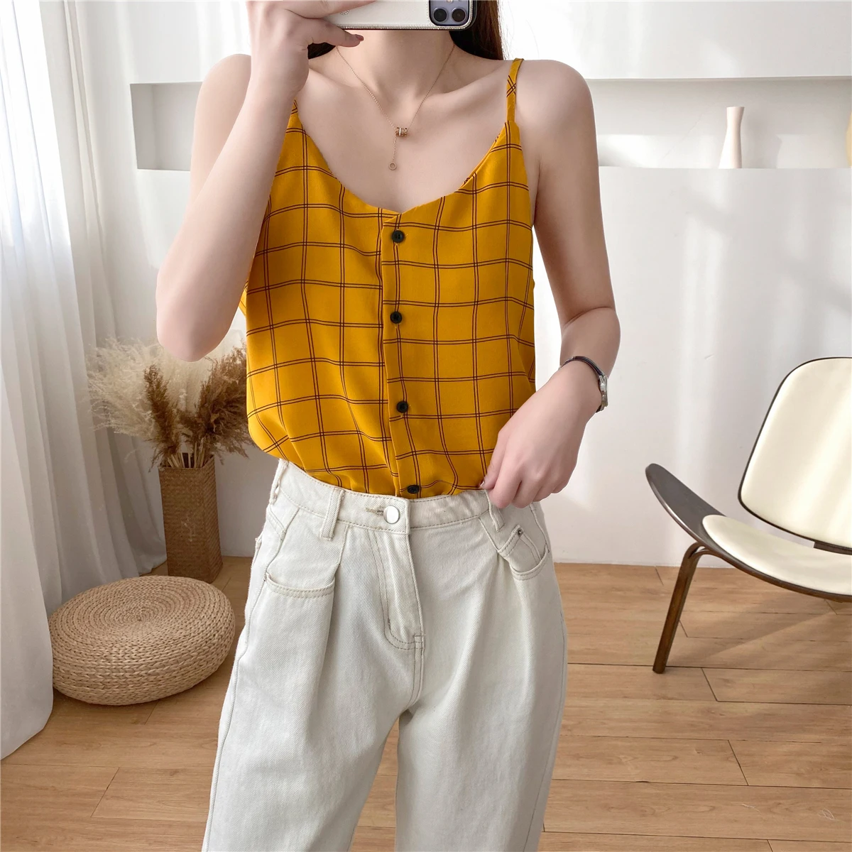 Women's Vest Top Chiffon Plaid Camisole Loose Sleeveless Vest Women's Tank Top lace camisole