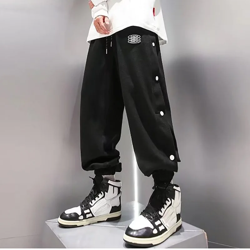 Japanese Fashion Men Hip Hop Pants Thin Spring Summer Button Both Side Trousers Unique Design Teenager Loose Straight Trousers