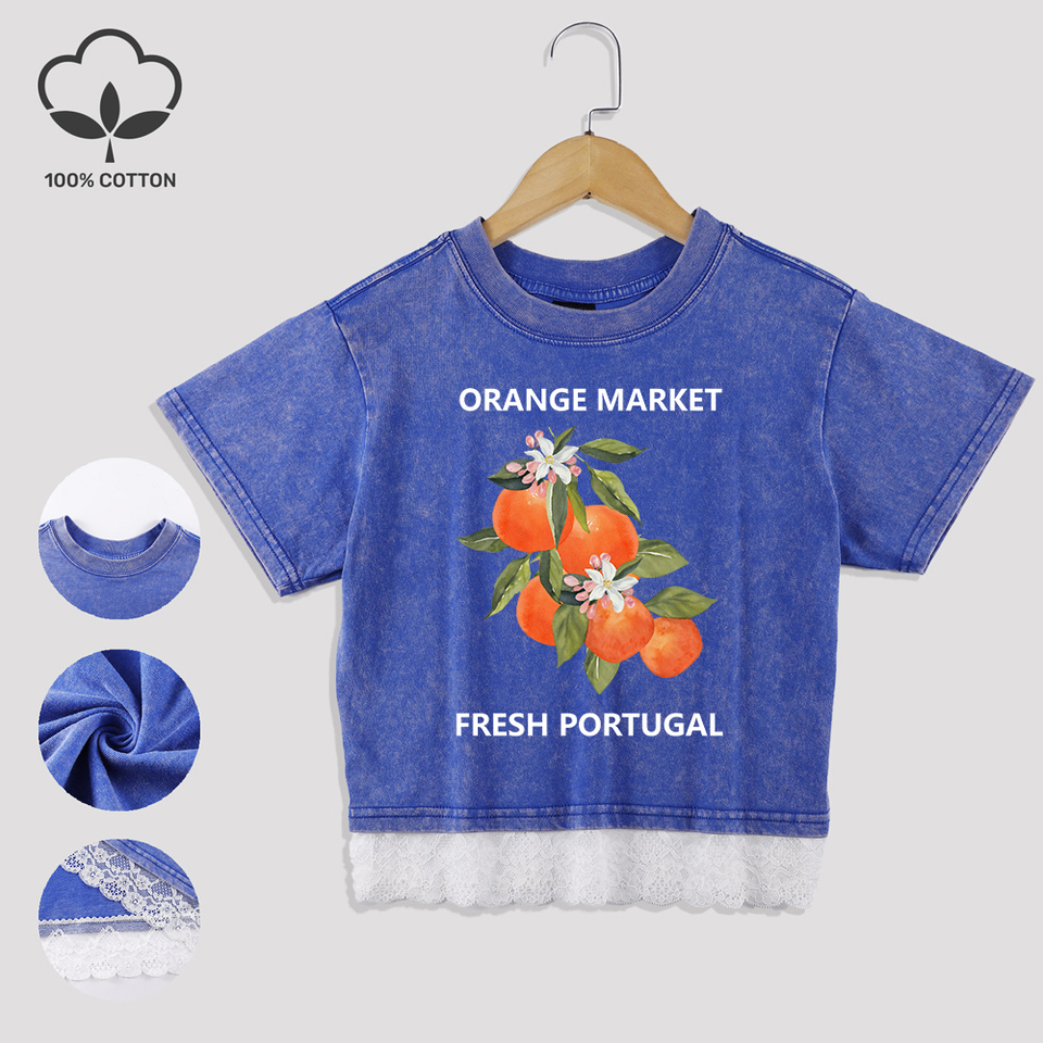 Orange Market Portugal Cotton Crop Tops Fashion Summer Lace Hem Washed T-Shirts O-Neck Distressed Short Sleeve Casual Clothes