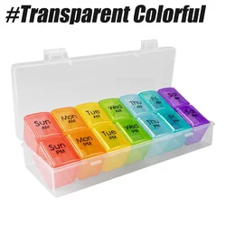 Weekly AM/PM Push Button Pill Organizer with 7 - Day Storage Compartments (Transparent Colorful)