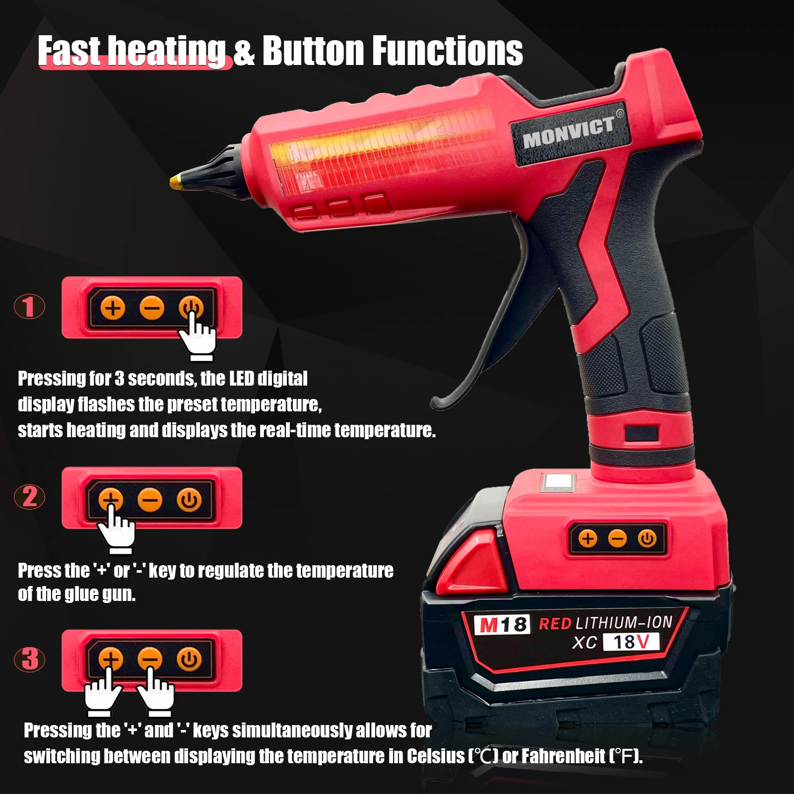 Milwaukee 18V Battery 100W Cordless Glue Gun Digital Temperature Adjustable Full Size Heavy Duty with 10 Sticks