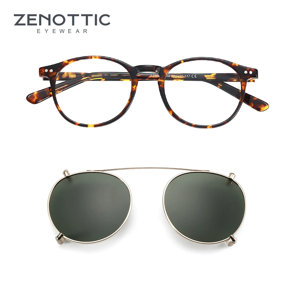 ZENOTTIC 2024 Round Acetate Optical Glasses Frame + Polarized Clips = Steampunk Clip On Sunglasses