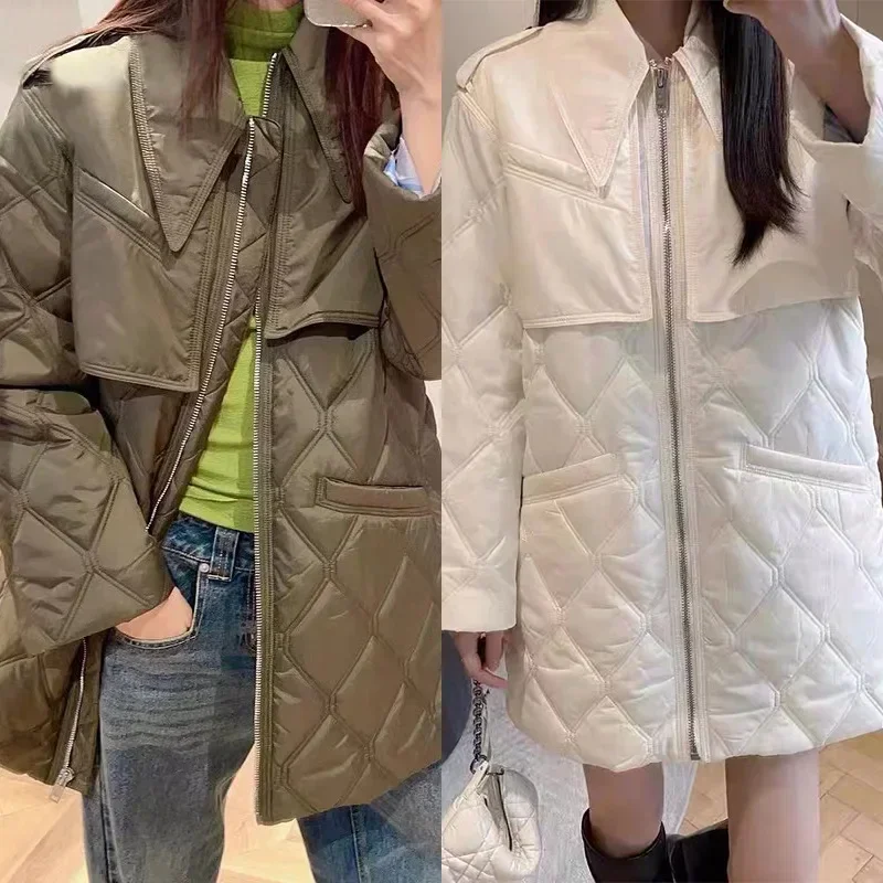 

2023 Autumn and Winter Fashionable and Versatile Solid Color Peak Collar Quilted Style Mid-Length Zipper Cotton Women Coat