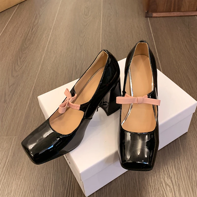 NEW Bow High Heels Shoes Women Square Toe Lolita Shoes 2024 Designer Spring Summer Sandals Chunky Female Zapatillas Pumps
