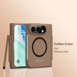 Premium Magnetic Phone Case with Built‑in Stylus Slot and Front Tempered Film for iPhone Duo (Brown)
