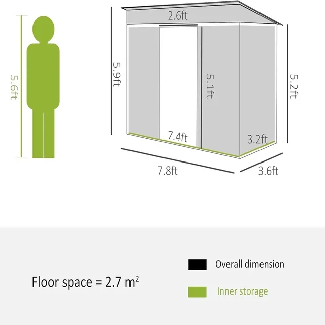 Abri de rangement de jardin incliné en métal de 8' x 4' avec doubles portes coulissantes et évents d'air pour pelouse de patio d'arrière-cour 5