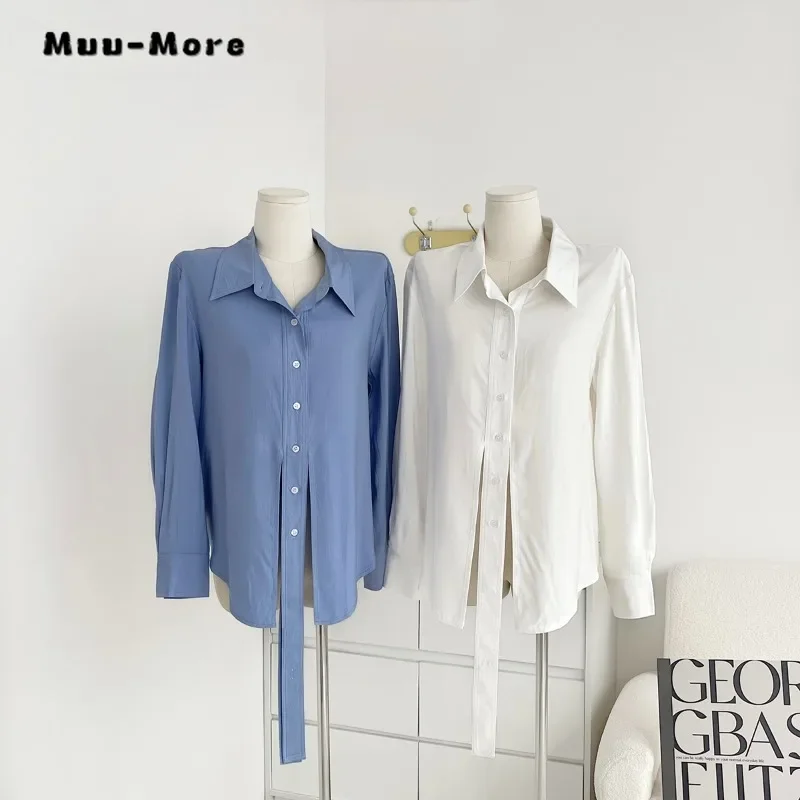 

Зима 2023, повседневные однотонные мешковатые рубашки с длинным рукавом и отложным воротником, женская классическая офисная винтажная блузка, базовая женская одежда