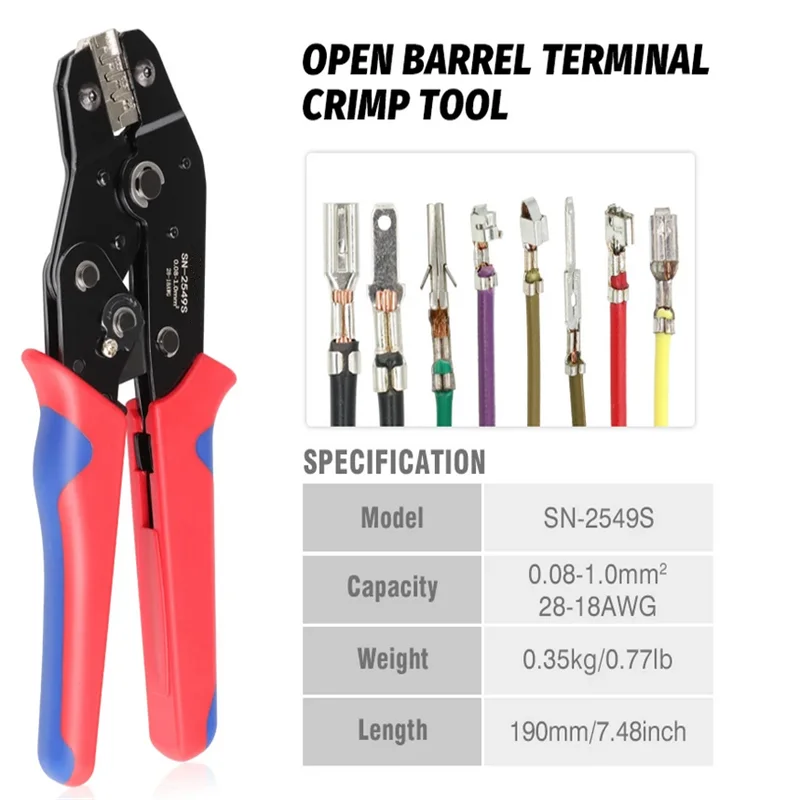 Crimping Tools For PH2.0/XH2.54/2.8/3.0/3.96/KF2510/JST Terminal SN-2549S 0.08-1.0mm²/AWG28-18 Wire Ratcheting Pliers 2